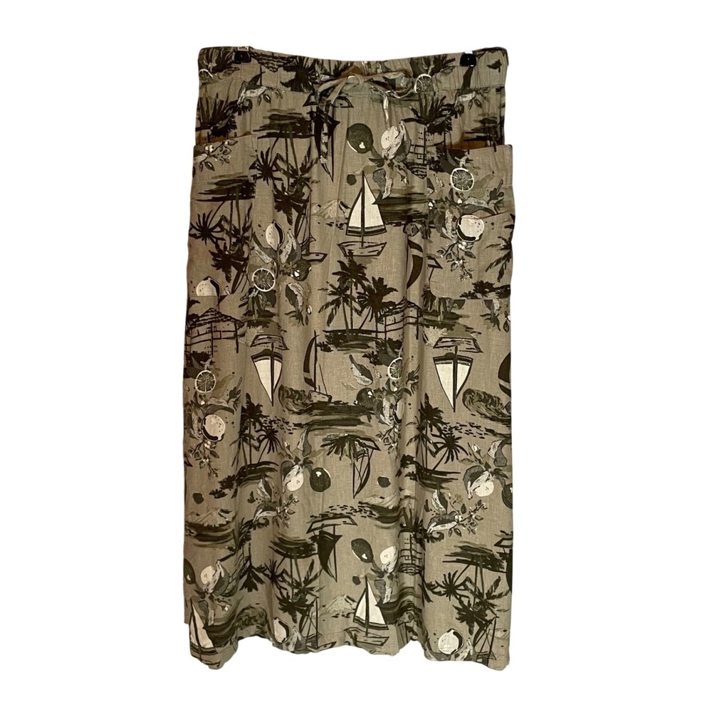 Linen Blend Tropical Nautical Print Midi Skirt Green‎ S Drawstring Costal Boho